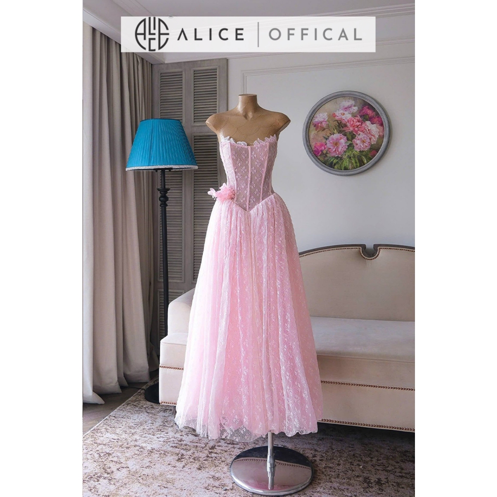 Váy Ren Dự Tiệc Cao Cấp Alice Phối Lưới, Đầm Cúp Ngực Maxi Xòe Bổng Cao Cấp Dáng Corset Đính Nơ Hông T503