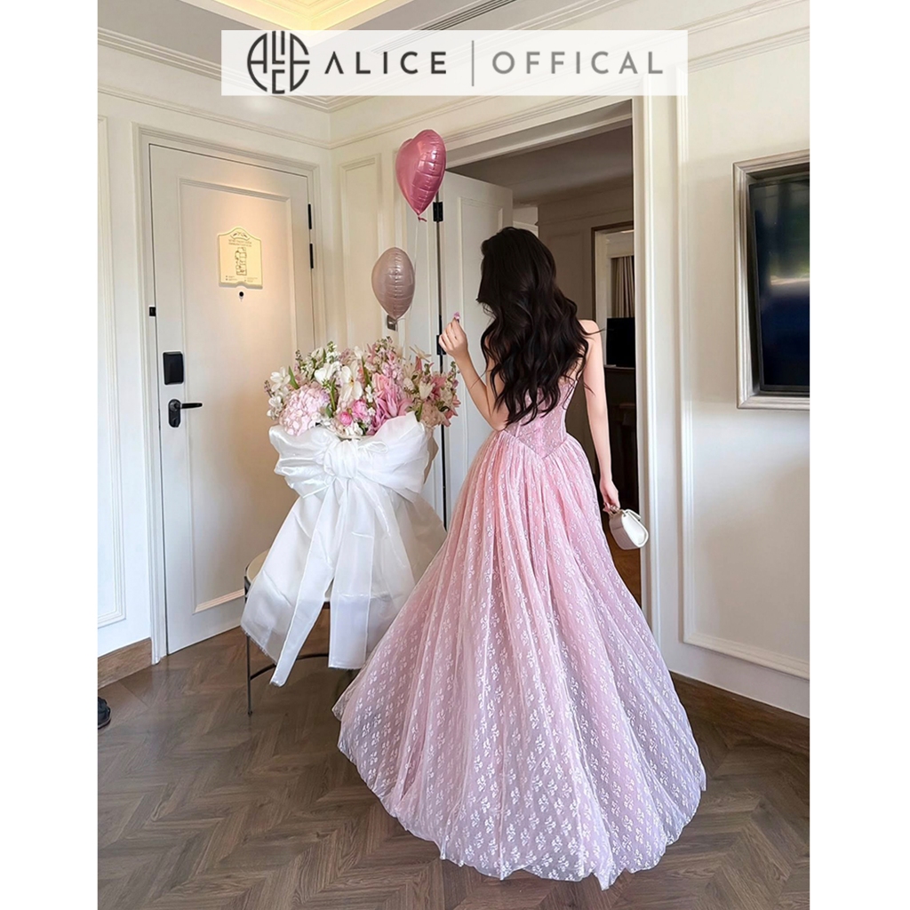 Váy Ren Dự Tiệc Cao Cấp Alice Phối Lưới, Đầm Cúp Ngực Maxi Xòe Bổng Cao Cấp Dáng Corset Đính Nơ Hông T503