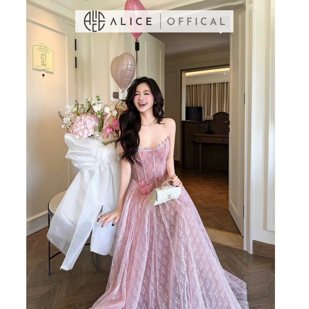 Váy Ren Dự Tiệc Cao Cấp Alice Phối Lưới, Đầm Cúp Ngực Maxi Xòe Bổng Cao Cấp Dáng Corset Đính Nơ Hông T503
