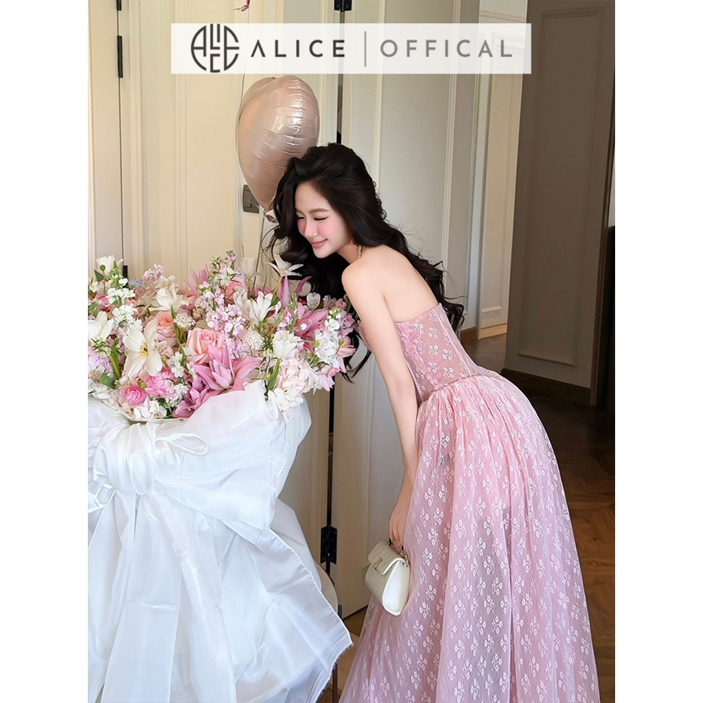 Váy Ren Dự Tiệc Cao Cấp Alice Phối Lưới, Đầm Cúp Ngực Maxi Xòe Bổng Cao Cấp Dáng Corset Đính Nơ Hông T503