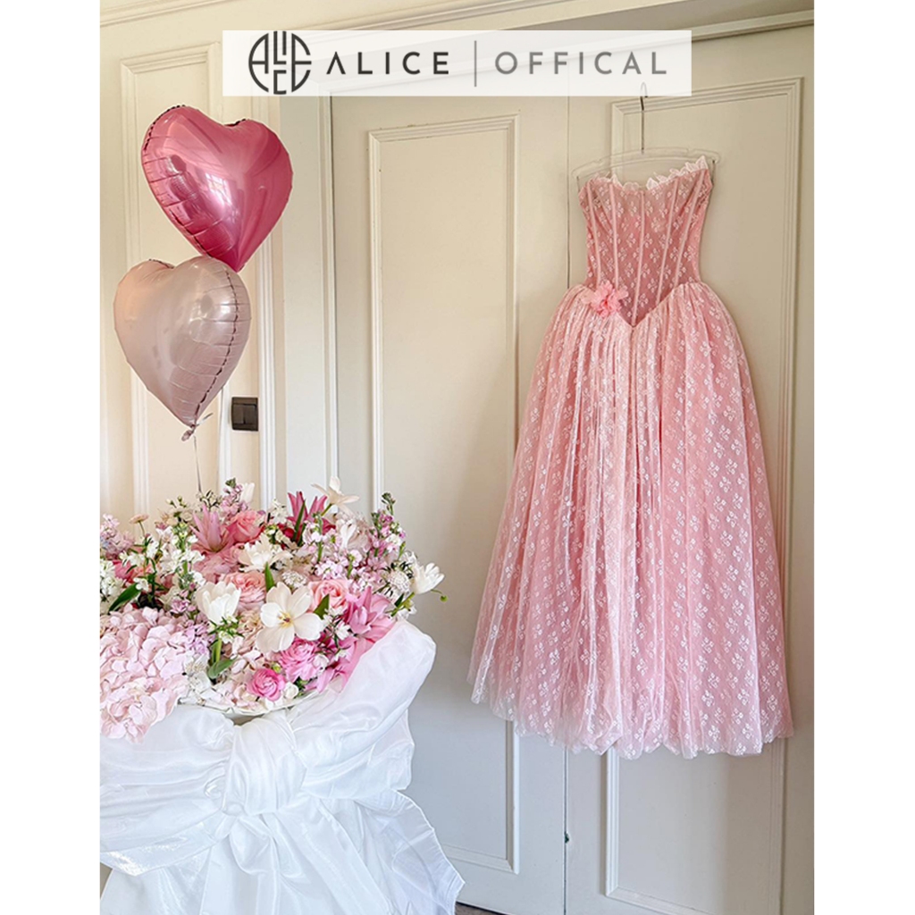 Váy Ren Dự Tiệc Cao Cấp Alice Phối Lưới, Đầm Cúp Ngực Maxi Xòe Bổng Cao Cấp Dáng Corset Đính Nơ Hông T503