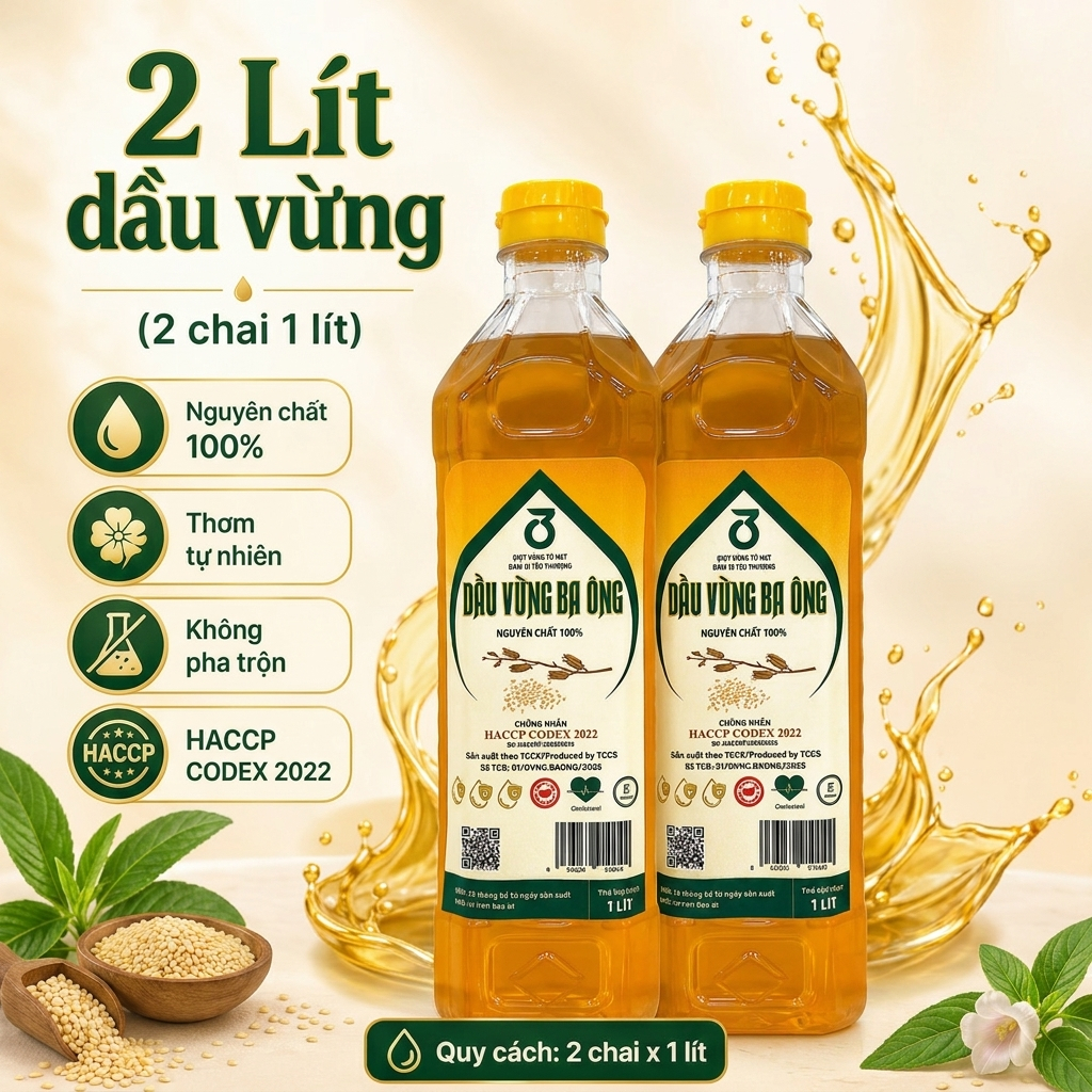 2 Lít Dầu Vừng/ Mè Ba Ông, Nguyên Chất 100%, Đạt Chứng Nhận HCCP Codex 2022, Không Chất Bảo Quản