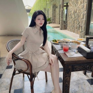 Set váy sơ mi 2 tầng cột nơ khoe eo nhẹ nhàng cao cấp