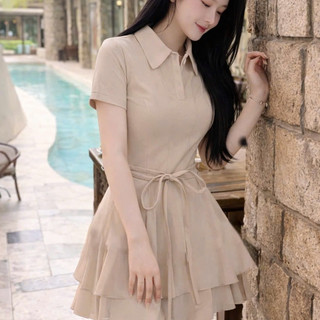 Set váy sơ mi 2 tầng cột nơ khoe eo nhẹ nhàng cao cấp