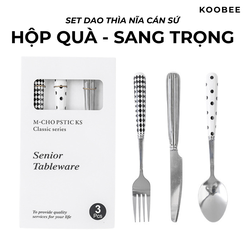 Bộ Đồ Ăn Dao Thìa Nĩa Inox Cán Sứ Kiểu Phương Tây Sang Trọng KOÔBEE - Set Hộp QuàTặng Bạn Gái, Bạn Bè, Người Thân |109