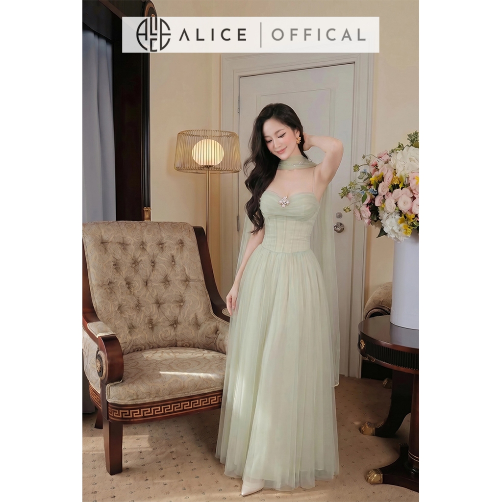 Váy Lưới 2 Dây Dáng Dài Cao Cấp Alice, Đầm Maxi Dự Tiệc Kèm Khăn Choàng Cổ, Định Hình Corset Sang Chảnh T506