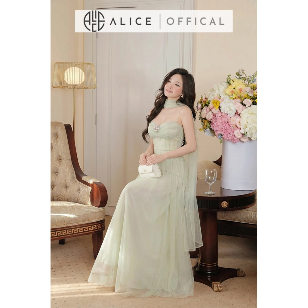 Váy Lưới 2 Dây Dáng Dài Cao Cấp Alice, Đầm Maxi Dự Tiệc Kèm Khăn Choàng Cổ, Định Hình Corset Sang Chảnh T506