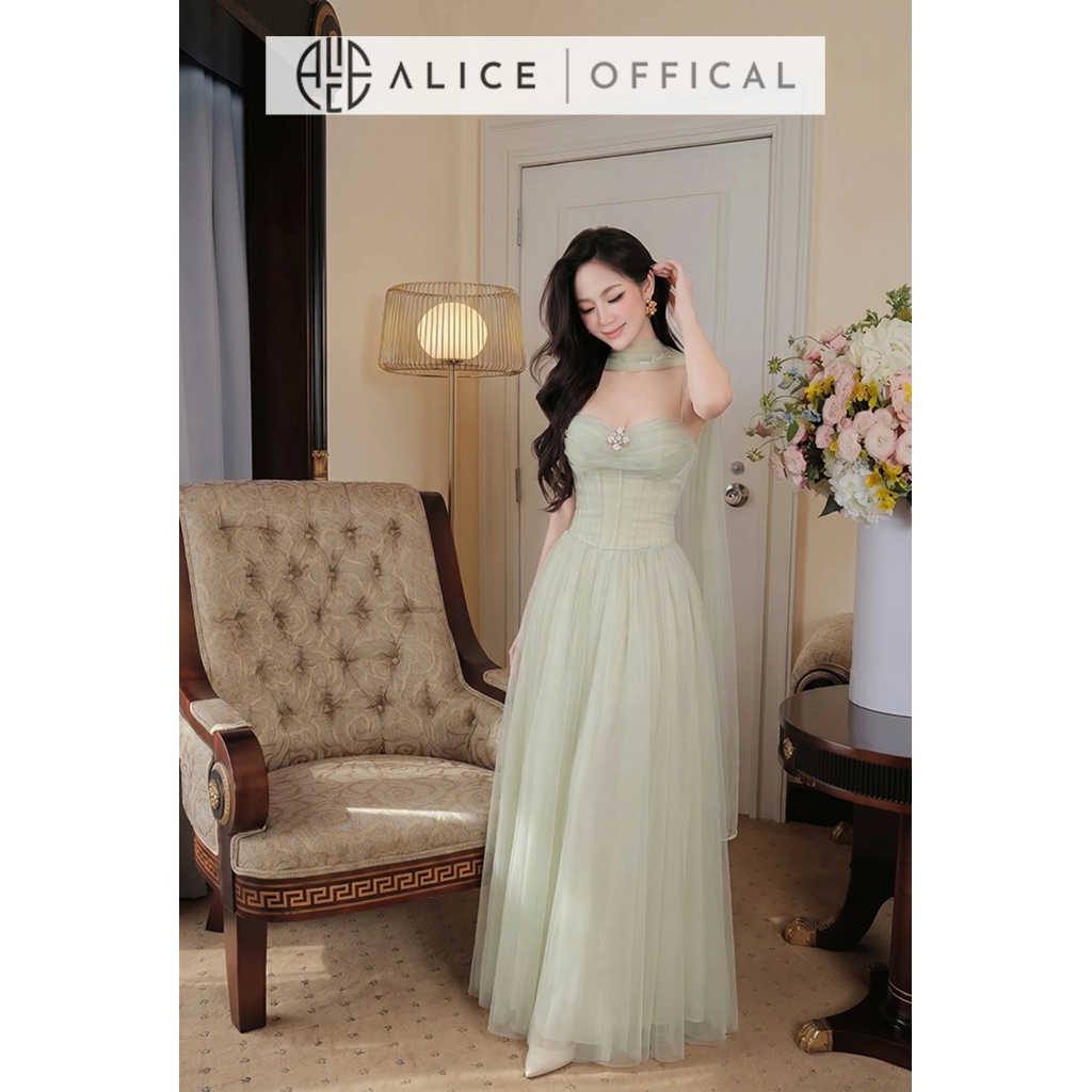 Váy Lưới 2 Dây Dáng Dài Cao Cấp Alice, Đầm Maxi Dự Tiệc Kèm Khăn Choàng Cổ, Định Hình Corset Sang Chảnh T506