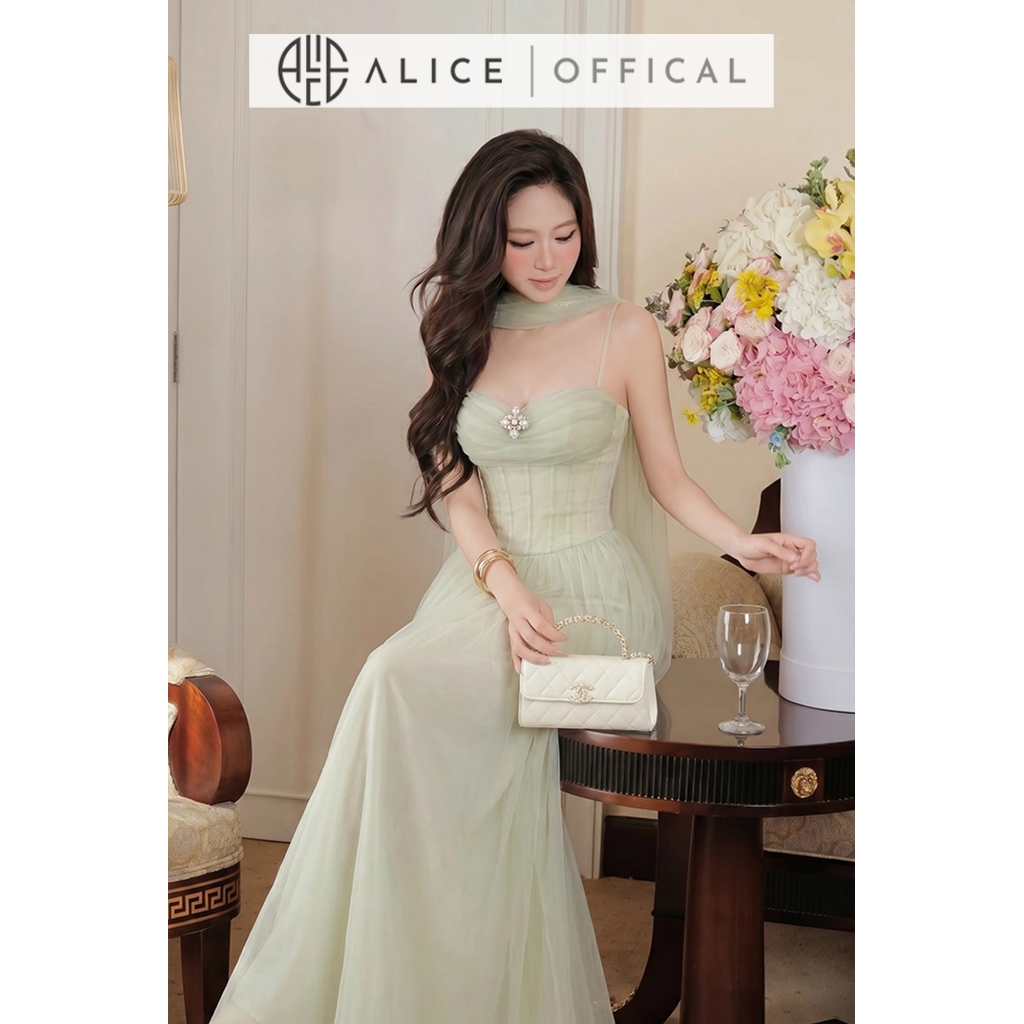 Váy Lưới 2 Dây Dáng Dài Cao Cấp Alice, Đầm Maxi Dự Tiệc Kèm Khăn Choàng Cổ, Định Hình Corset Sang Chảnh T506