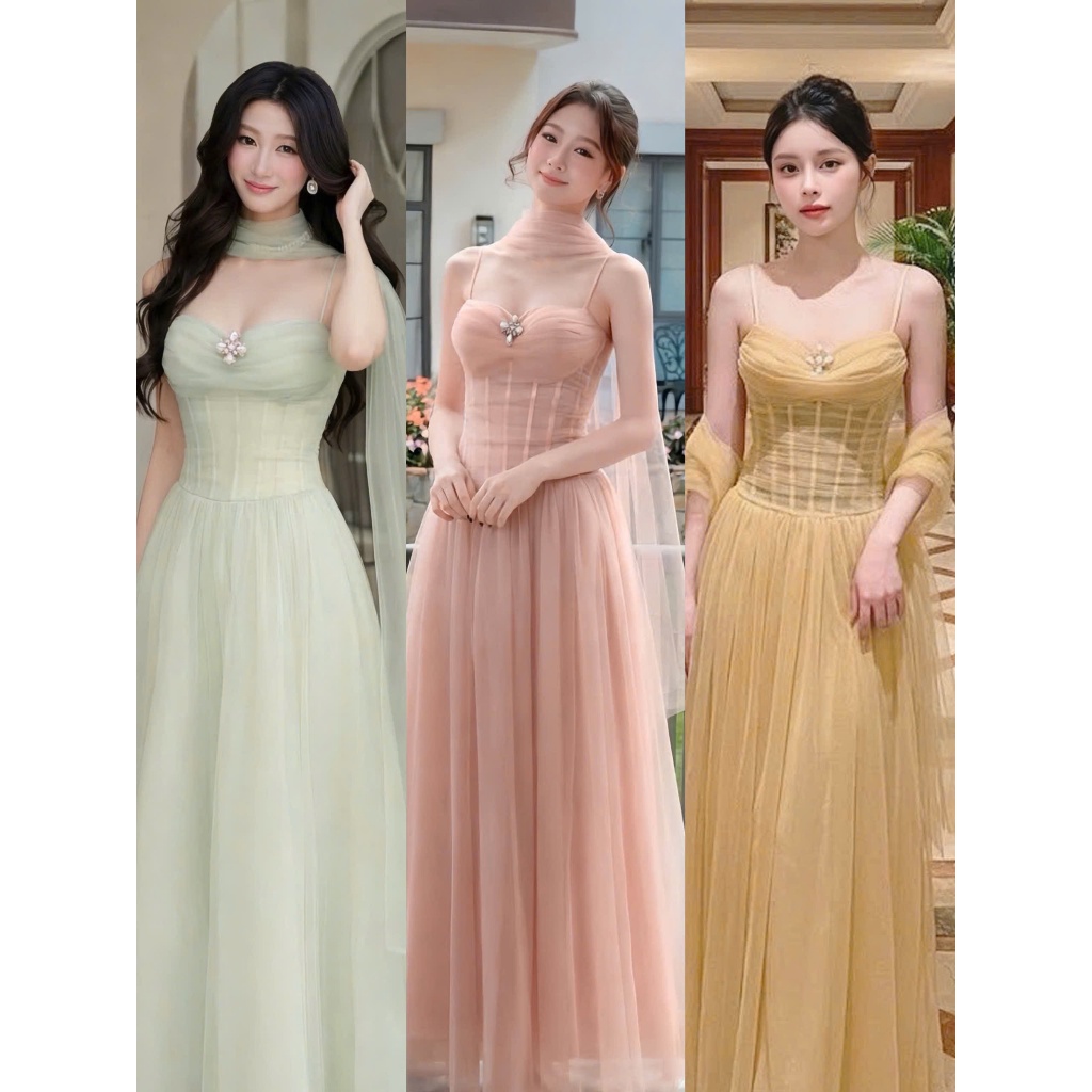 Váy Lưới 2 Dây Dáng Dài Cao Cấp Alice, Đầm Maxi Dự Tiệc Kèm Khăn Choàng Cổ, Định Hình Corset Sang Chảnh T506
