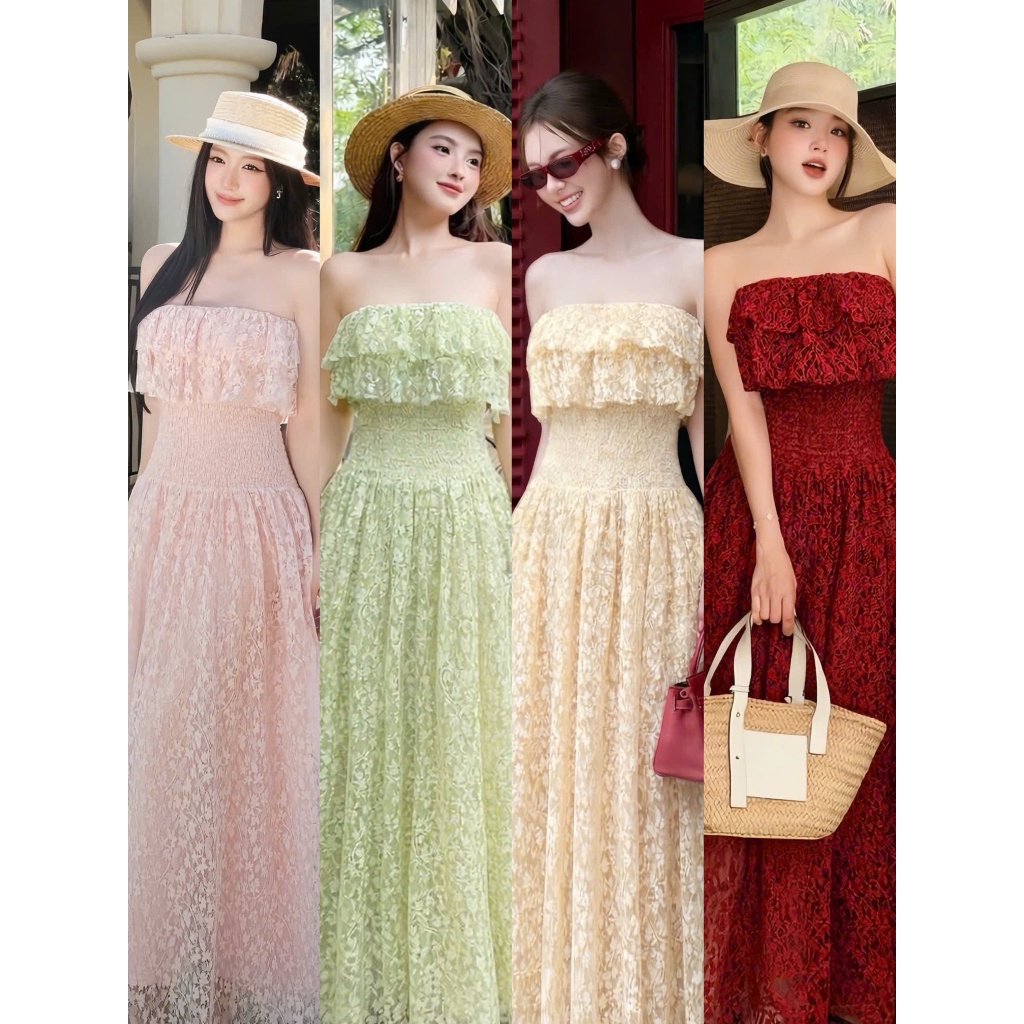Váy Ren Cúp Ngực Alice Sang Trọng, Đầm Dài Maxi Chun Eo Dáng Xòe Tiểu Thư, Ngực Phối Bèo T507