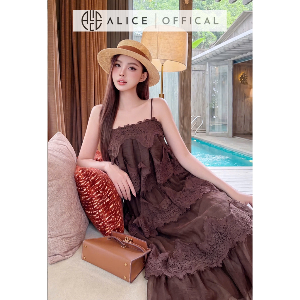 Váy Tơ Tầng Dáng Dài Cao Cấp Alice, Đầm Maxi 2 Dây Phối Ren Tầng Sang Chảnh Tiểu Thư T508