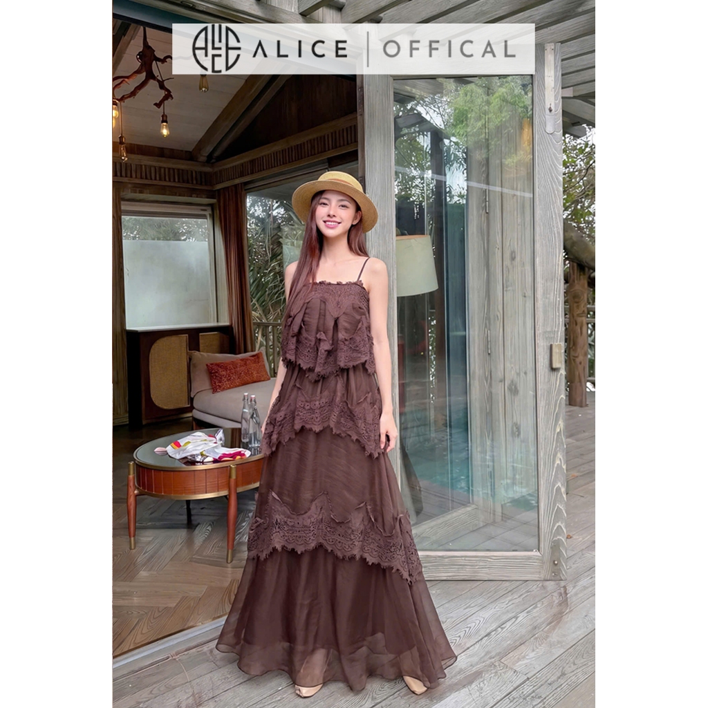 Váy Tơ Tầng Dáng Dài Cao Cấp Alice, Đầm Maxi 2 Dây Phối Ren Tầng Sang Chảnh Tiểu Thư T508