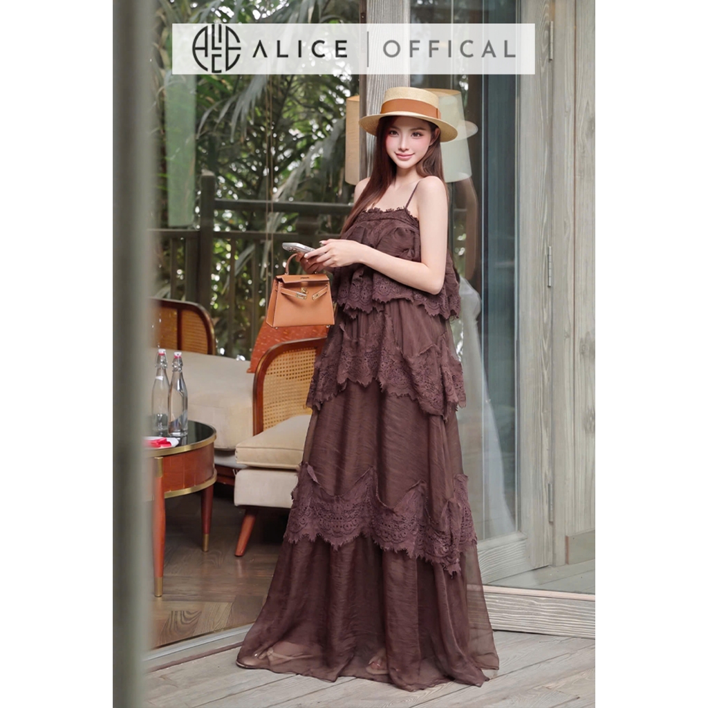 Váy Tơ Tầng Dáng Dài Cao Cấp Alice, Đầm Maxi 2 Dây Phối Ren Tầng Sang Chảnh Tiểu Thư T508