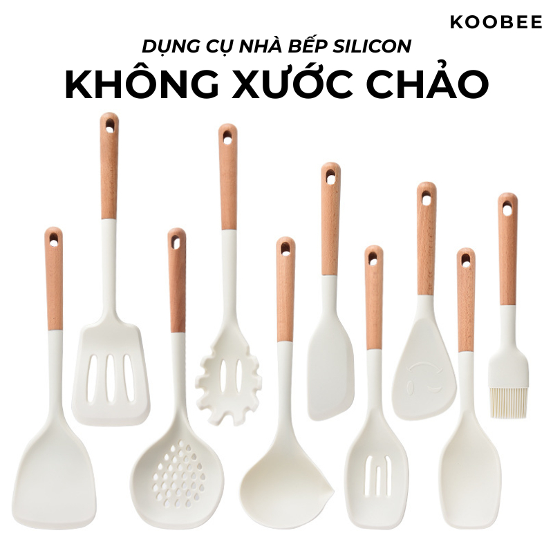 Bộ Dụng Cụ Nhà Bếp Silicon Cán Gỗ 5 Món Màu Trắng Sữa Cao Cấp KOOBEE Chống Dính Chịu Nhiệt Dùng Cho Nấu Ăn Làm Bếp | 107