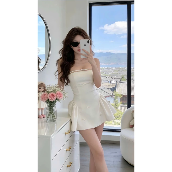 Váy Thiết Kế - Váy Cúp Tuyết Mưa Dây Ngực Chân Váy Xòe Đính Nơ