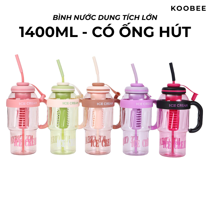 Bình Nước Nhựa 1400ml Có Ống Hút, Quai Cầm, Lọc Trà Detox Khóa Chặt Không Rò Rỉ Mang Đi Tập Gym, Đi Học, Đi Làm | 267