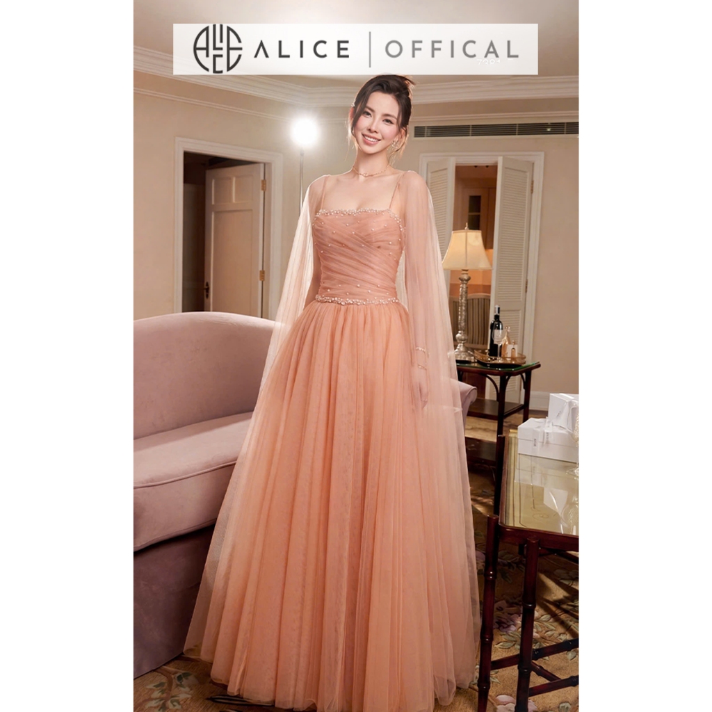Váy Lưới Dự Tiệc Cao Cấp Alice, Đầm Maxi 2 Dây Đính Ngọc Phối Khăn Choàng Sang Chảnh Phong Cách Tiểu Thư T509