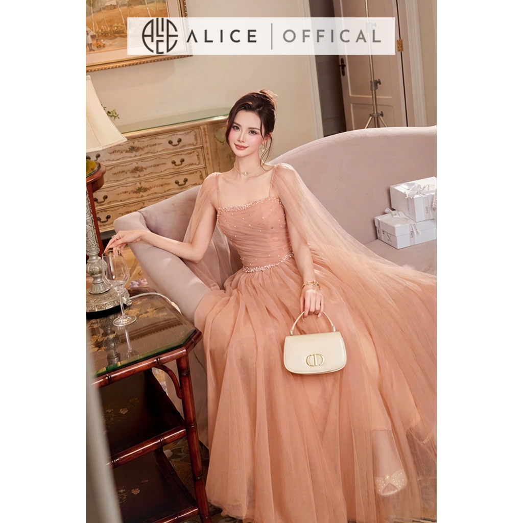 Váy Lưới Dự Tiệc Cao Cấp Alice, Đầm Maxi 2 Dây Đính Ngọc Phối Khăn Choàng Sang Chảnh Phong Cách Tiểu Thư T509