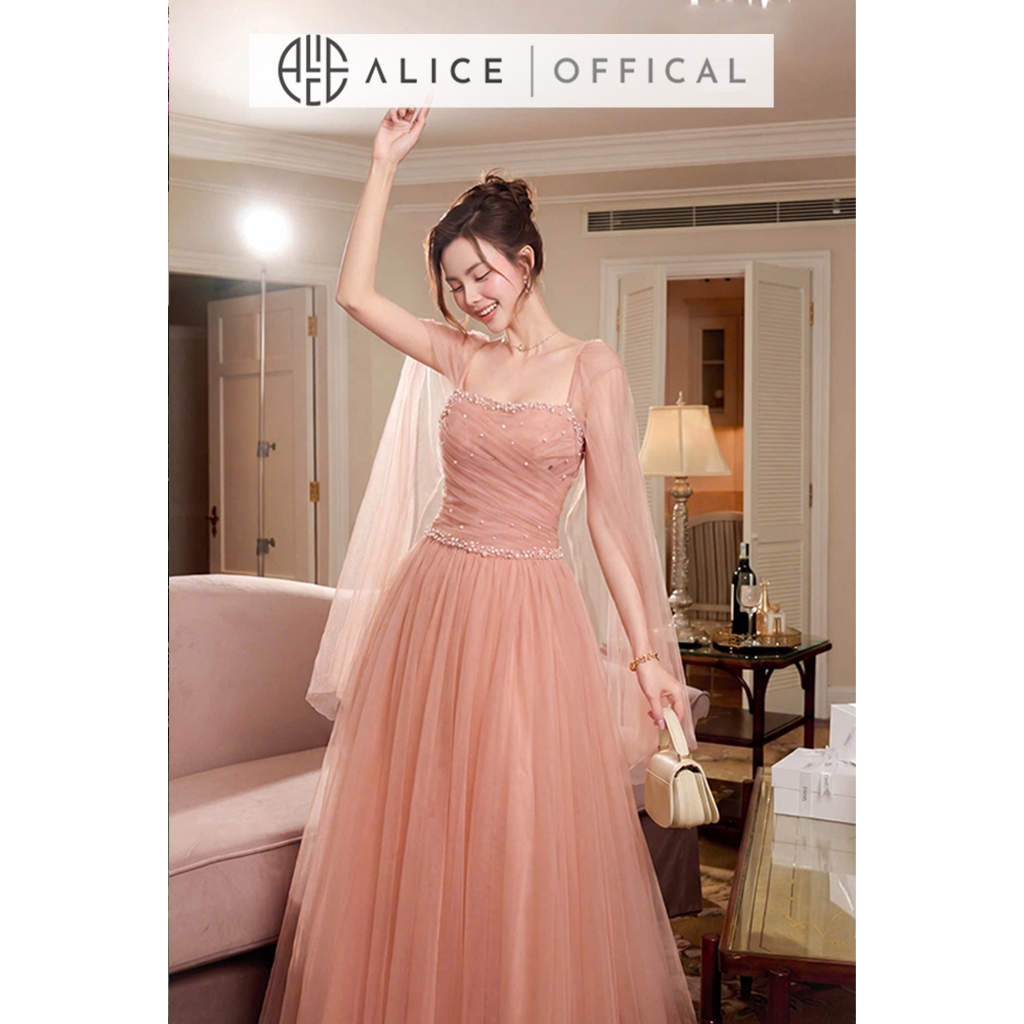 Váy Lưới Dự Tiệc Cao Cấp Alice, Đầm Maxi 2 Dây Đính Ngọc Phối Khăn Choàng Sang Chảnh Phong Cách Tiểu Thư T509