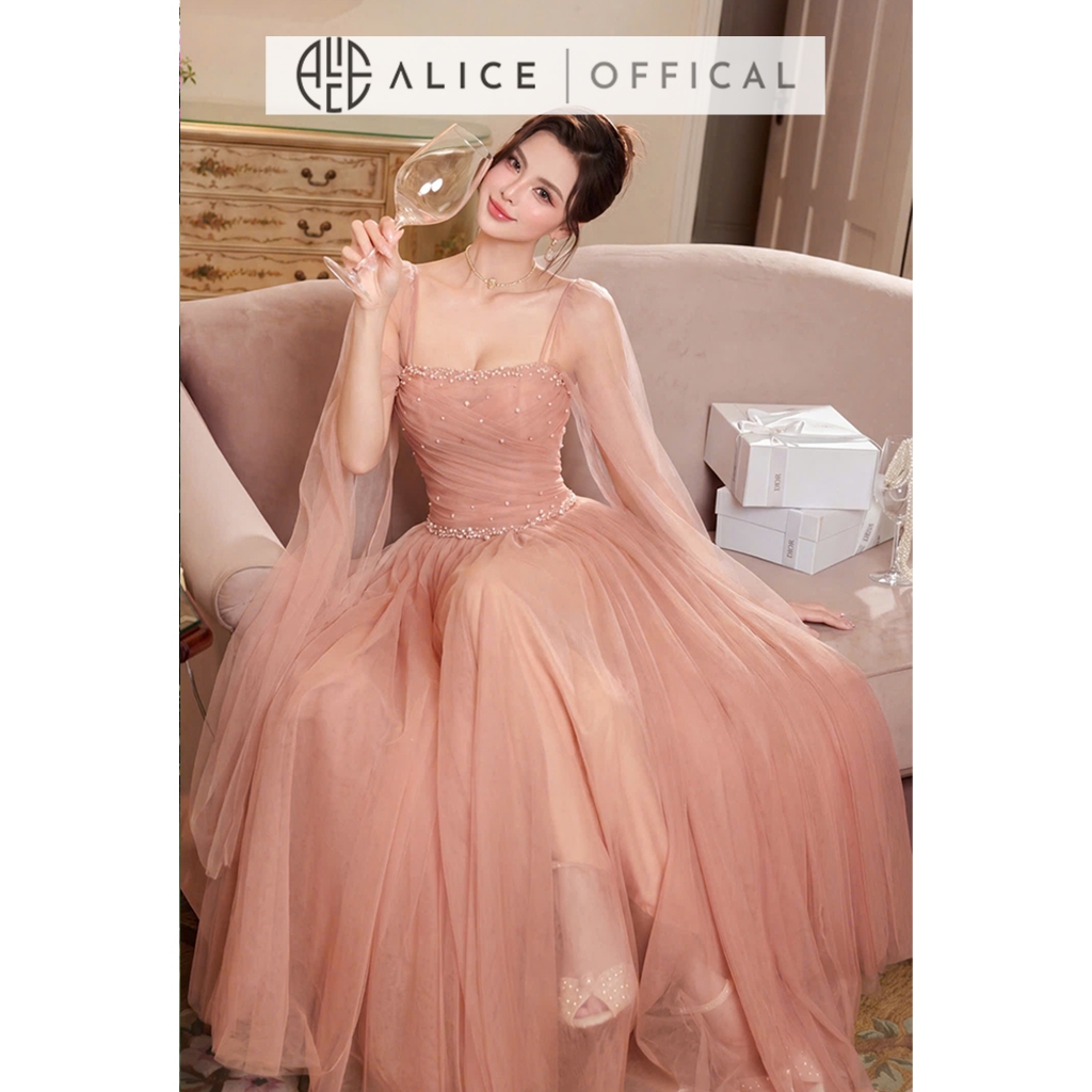 Váy Lưới Dự Tiệc Cao Cấp Alice, Đầm Maxi 2 Dây Đính Ngọc Phối Khăn Choàng Sang Chảnh Phong Cách Tiểu Thư T509