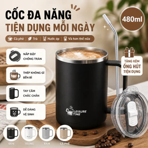 Cốc Inox Cao Cấp 480ml, Ly Uống Cà Phê Trà Sữa, Dung Tích Lớn, Thiết Kế Hiện Đại, Tiện Lợi