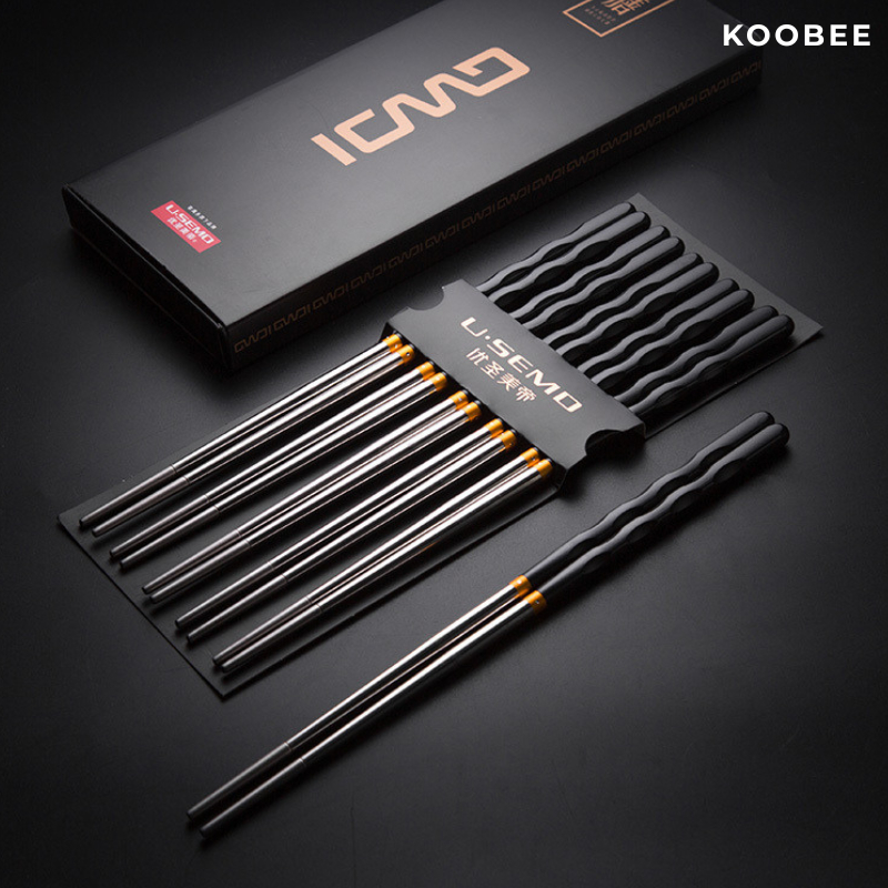 Set 10 đôi đũa Inox 304 không gỉ tay cầm sáng tạo chất liệu kháng khuẩn chống trơn chịu nhiệt cao cấp KOOBEE (BA22)