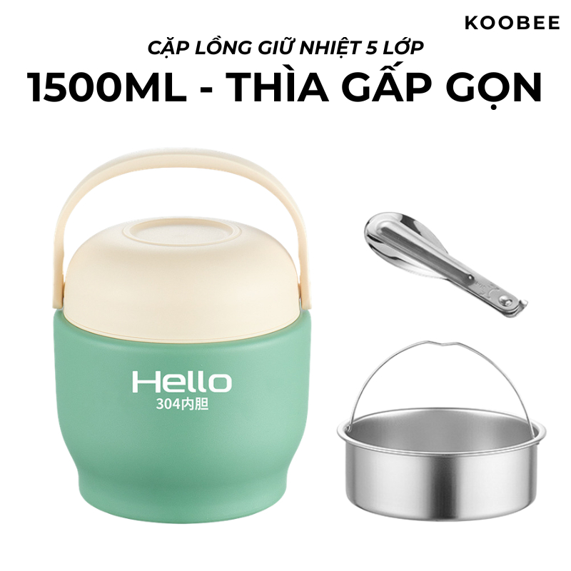 Cặp Lồng Cơm Giữ Nhiệt Inox 304 KOOBEE 5 Lớp 1500ml – Kín Hơi, Giữ Nhiệt Lâu, Kèm Thìa Gấp | 315