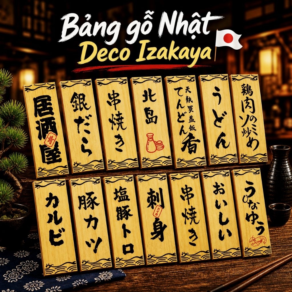 (không nhận theo yêu cầu)Bảng gỗ Nhật Deco Izakaya trang trí nhà hàng sushi 30x10cm
