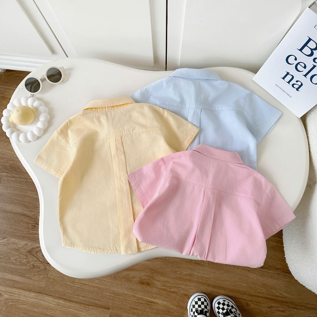 Áo sơ mi trơn màu sắc Beermi phối túi chất liệu thô lụa thoáng mát mềm mịn cho bé 9-28kg
