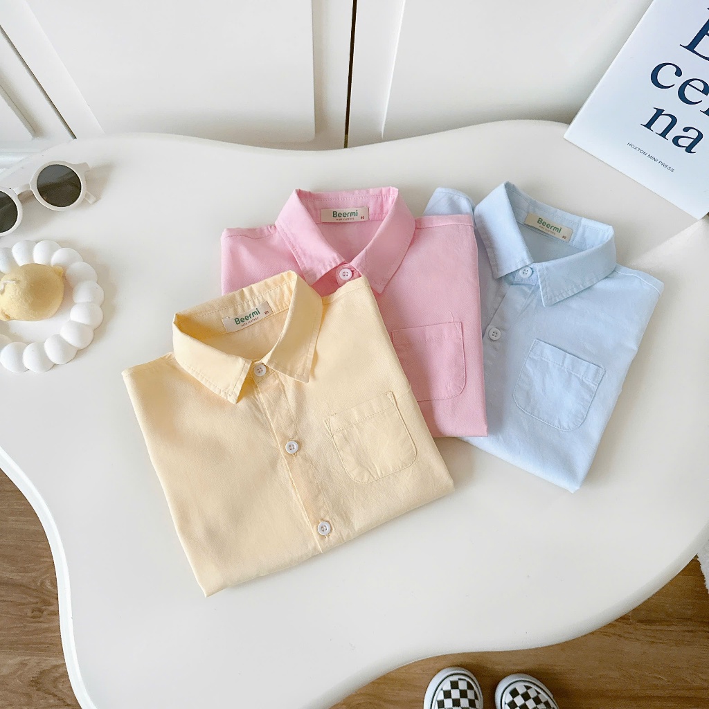 Áo sơ mi trơn màu sắc Beermi phối túi chất liệu thô lụa thoáng mát mềm mịn cho bé 9-28kg