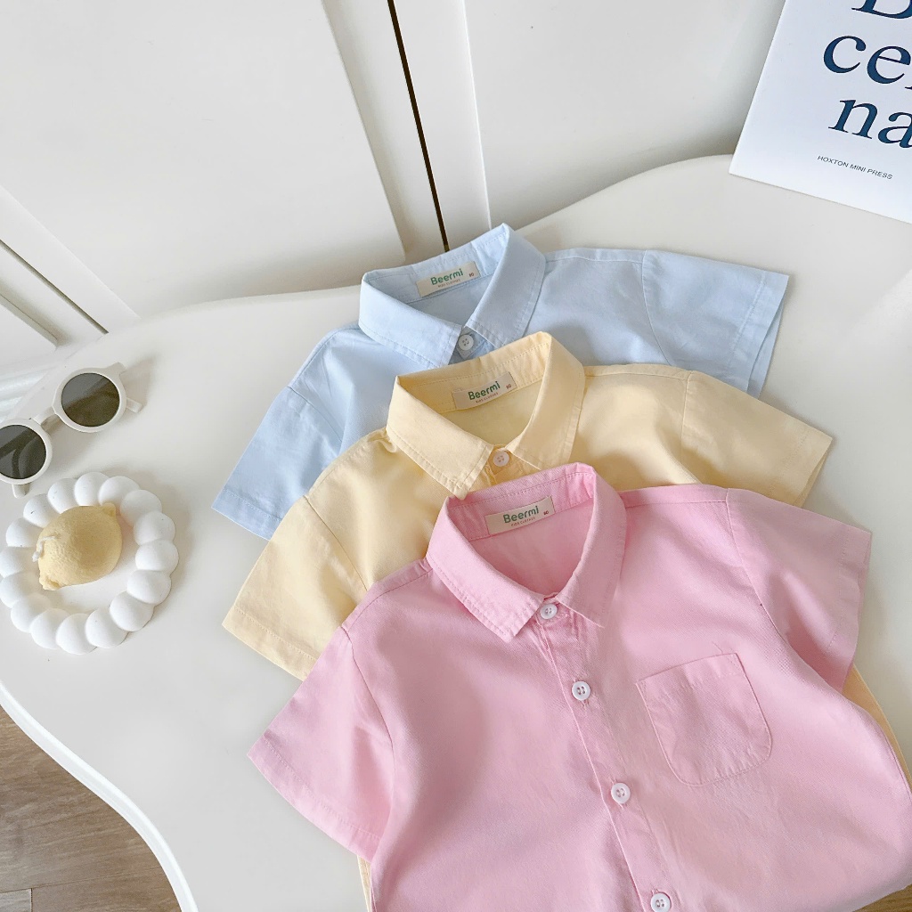 Áo sơ mi trơn màu sắc Beermi phối túi chất liệu thô lụa thoáng mát mềm mịn cho bé 9-28kg