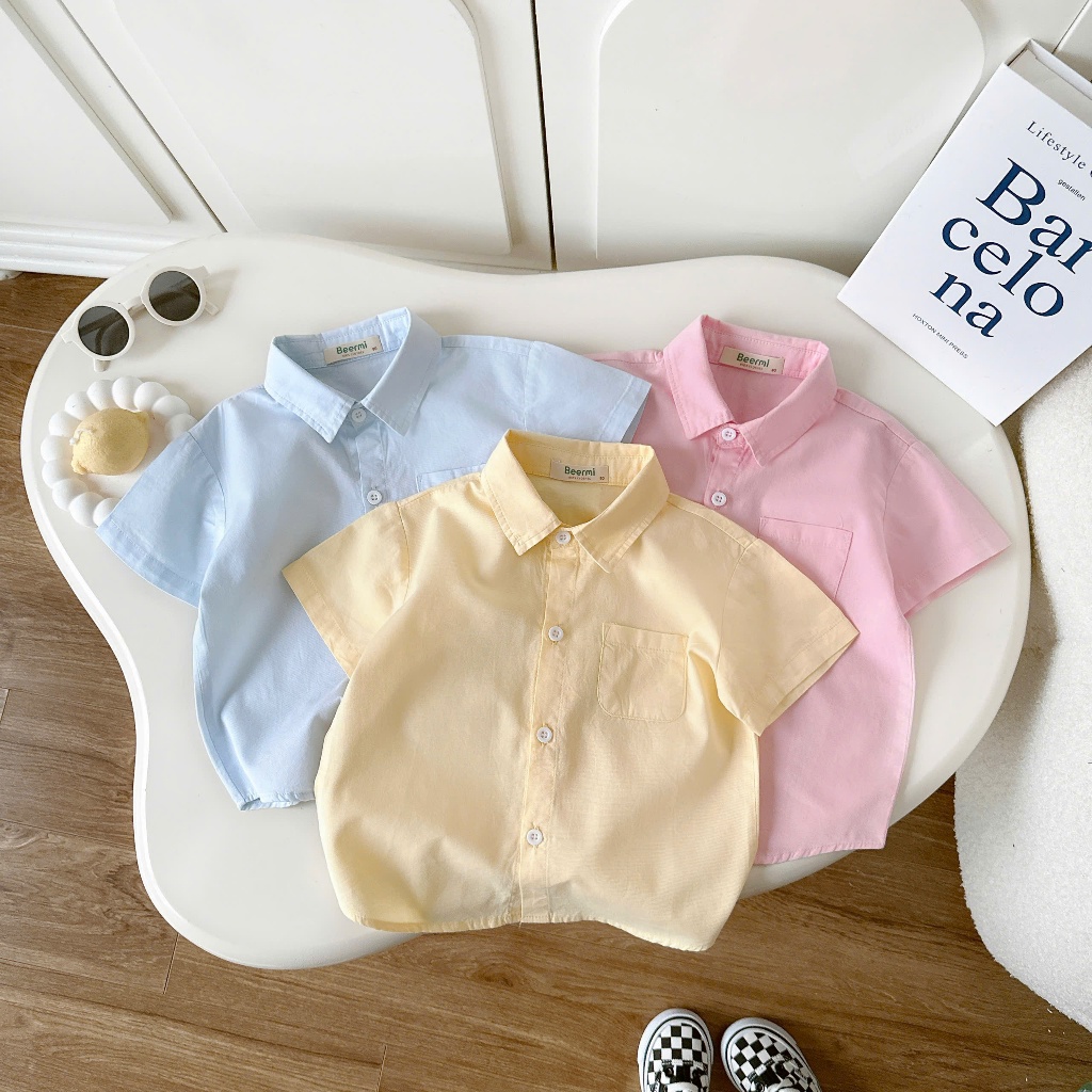 Áo sơ mi trơn màu sắc Beermi phối túi chất liệu thô lụa thoáng mát mềm mịn cho bé 9-28kg