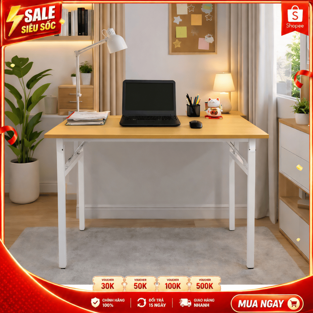 Bàn Học Gấp Gọn Lắp Ráp Sẵn – Bàn Xếp Chân Sắt Mặt Gỗ MDF – Bàn Làm Việc Tại Nhà Nhiều Kích Thước