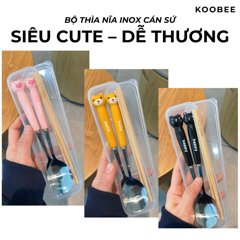 Bộ Thìa Nĩa Inox Cán Sứ Hình Con Vật Dễ Thương Cho Trẻ Em - Bộ Đồ Ăn Văn Phòng, Sinh Viên, Làm Quà Tặng Decor| 081