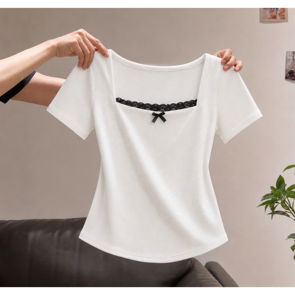 Áo Thun Big Size Tay Ngắn Cổ Vuông Ren Chất Vải Gân Tăm Mềm Mái Thoải Mái Lên Phom Dễ Thương G173