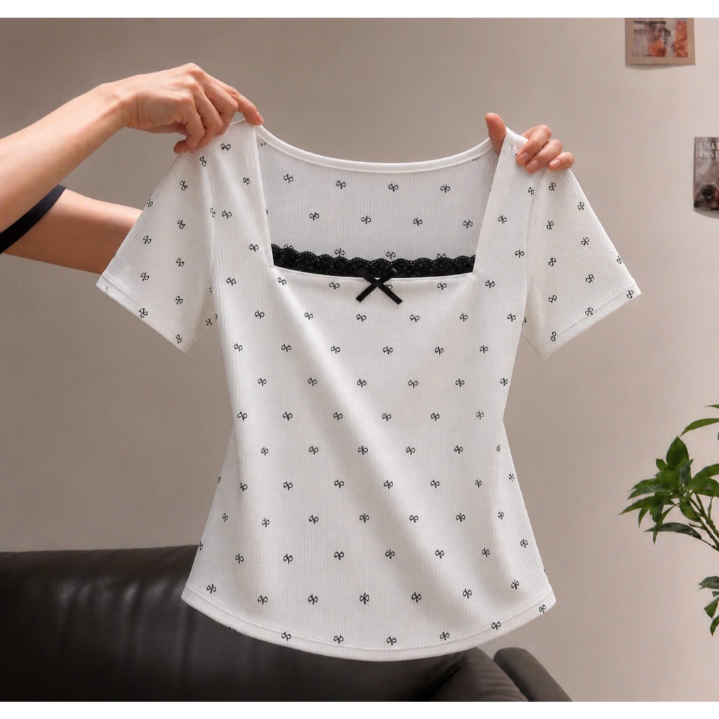 Áo Thun Big Size Tay Ngắn Cổ Vuông Ren Chất Vải Gân Tăm Mềm Mái Thoải Mái Lên Phom Dễ Thương G173