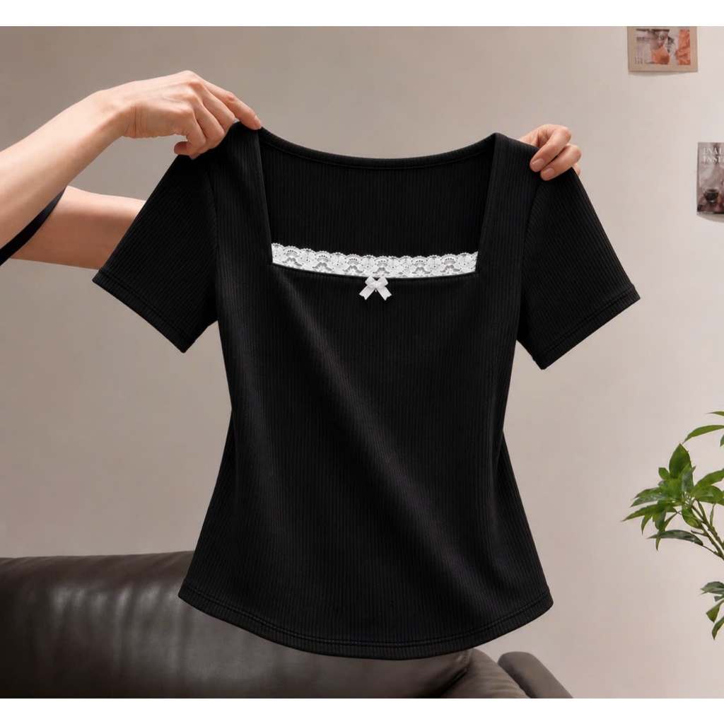 Áo Thun Big Size Tay Ngắn Cổ Vuông Ren Chất Vải Gân Tăm Mềm Mái Thoải Mái Lên Phom Dễ Thương G173