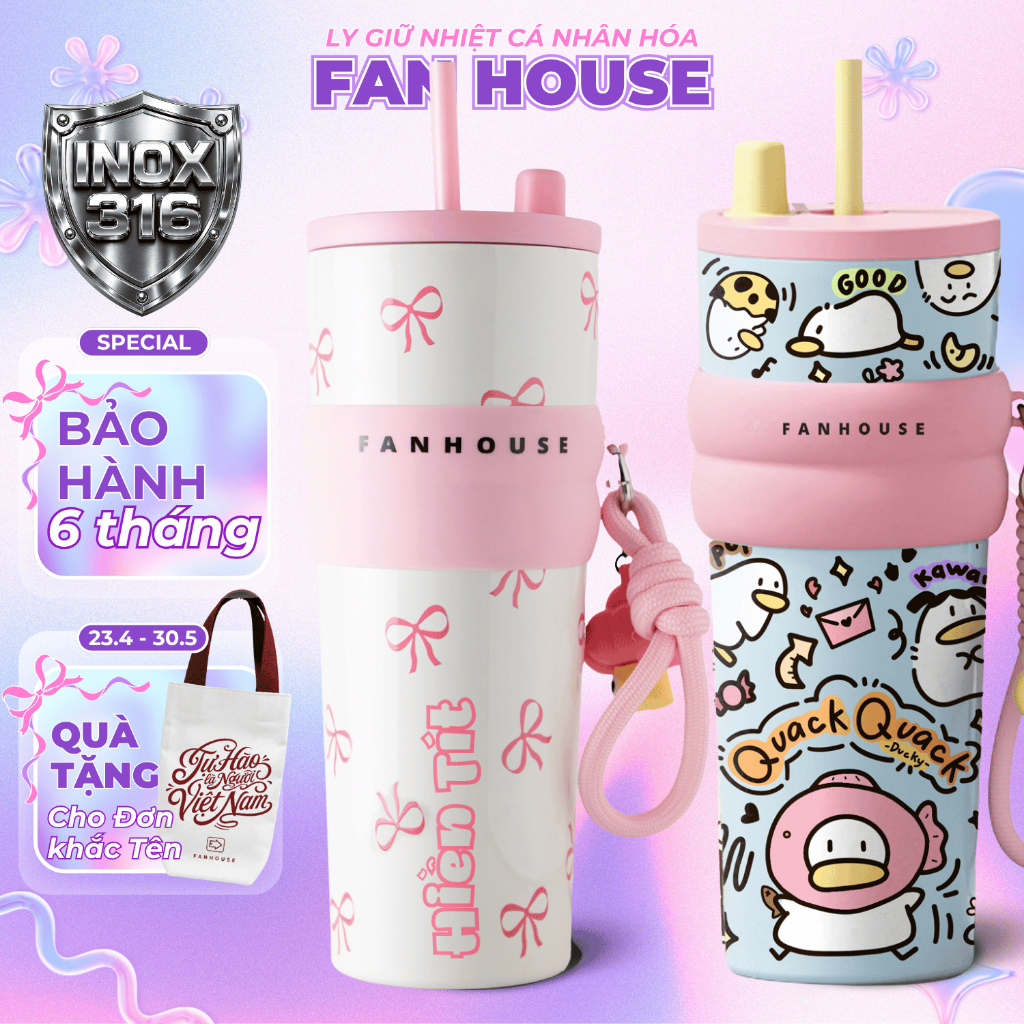Bình giữ nhiệt khắc tên Fan House bình nước giữ nhiệt 12h inox 316 ống hút tiện lợi 710ml tặng charm