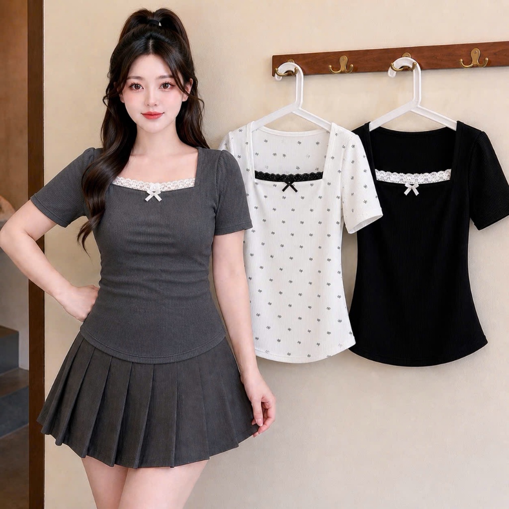 Áo Thun Big Size Tay Ngắn Cổ Vuông Ren Chất Vải Gân Tăm Mềm Mái Thoải Mái Lên Phom Dễ Thương G173