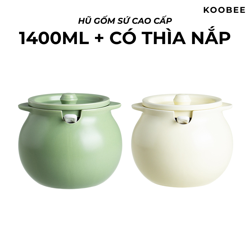 Hũ Thố Gốm Sứ Đựng Mỡ Lợn, Gia Vị 600ml KOOBEE Không Chì Chịu Nhiệt Kèm Thìa Có Nắp Đậy Cao Cấp| 102