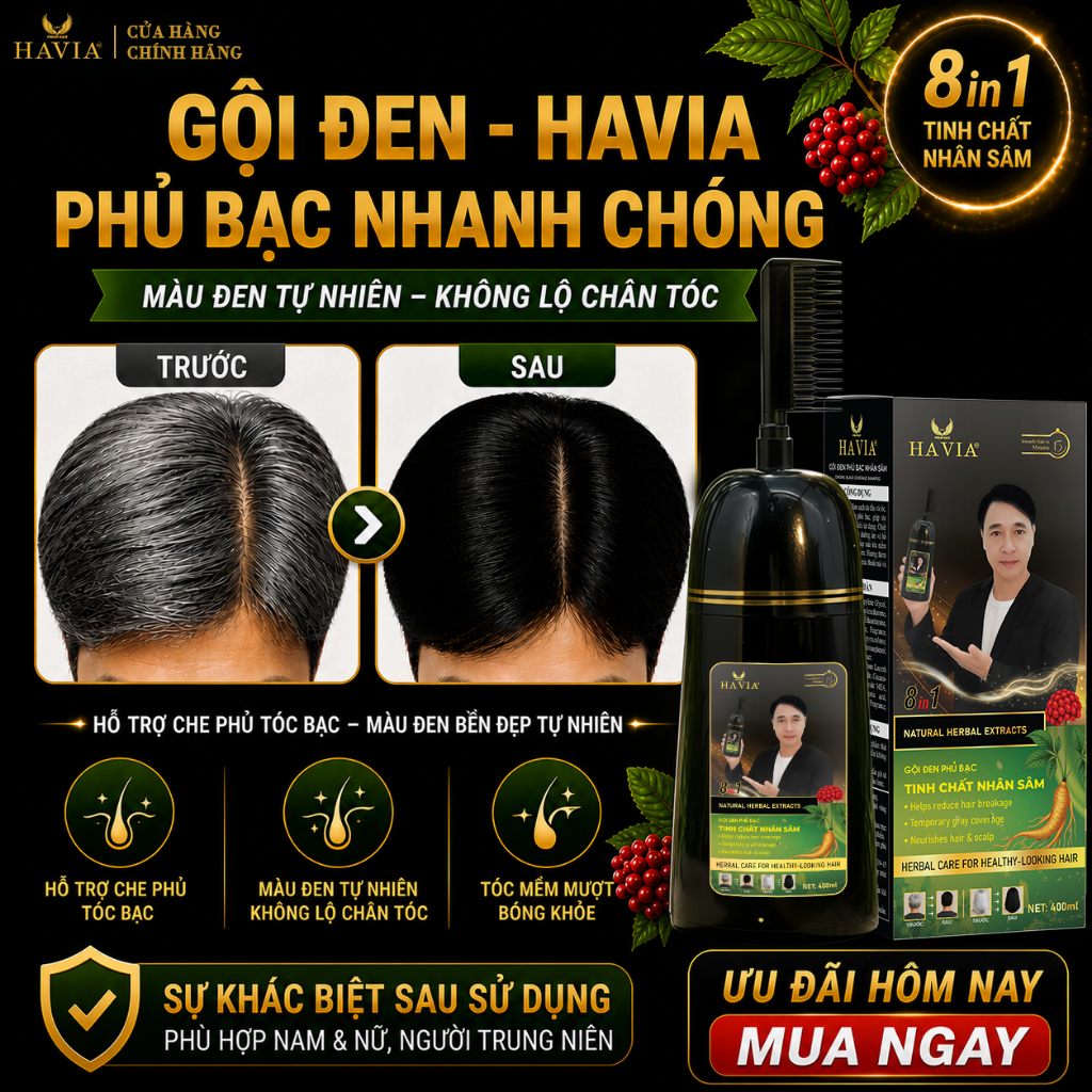 Dầu gội phủ bạc đen HAVIA, chiết xuất nhân sâm, hỗ trợ chăm sóc tóc, giúp tóc mềm mượt, chắc khỏe hơn.