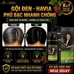 Dầu gội phủ bạc đen HAVIA, chiết xuất nhân sâm, hỗ trợ chăm sóc tóc, giúp tóc mềm mượt, chắc khỏe hơn.