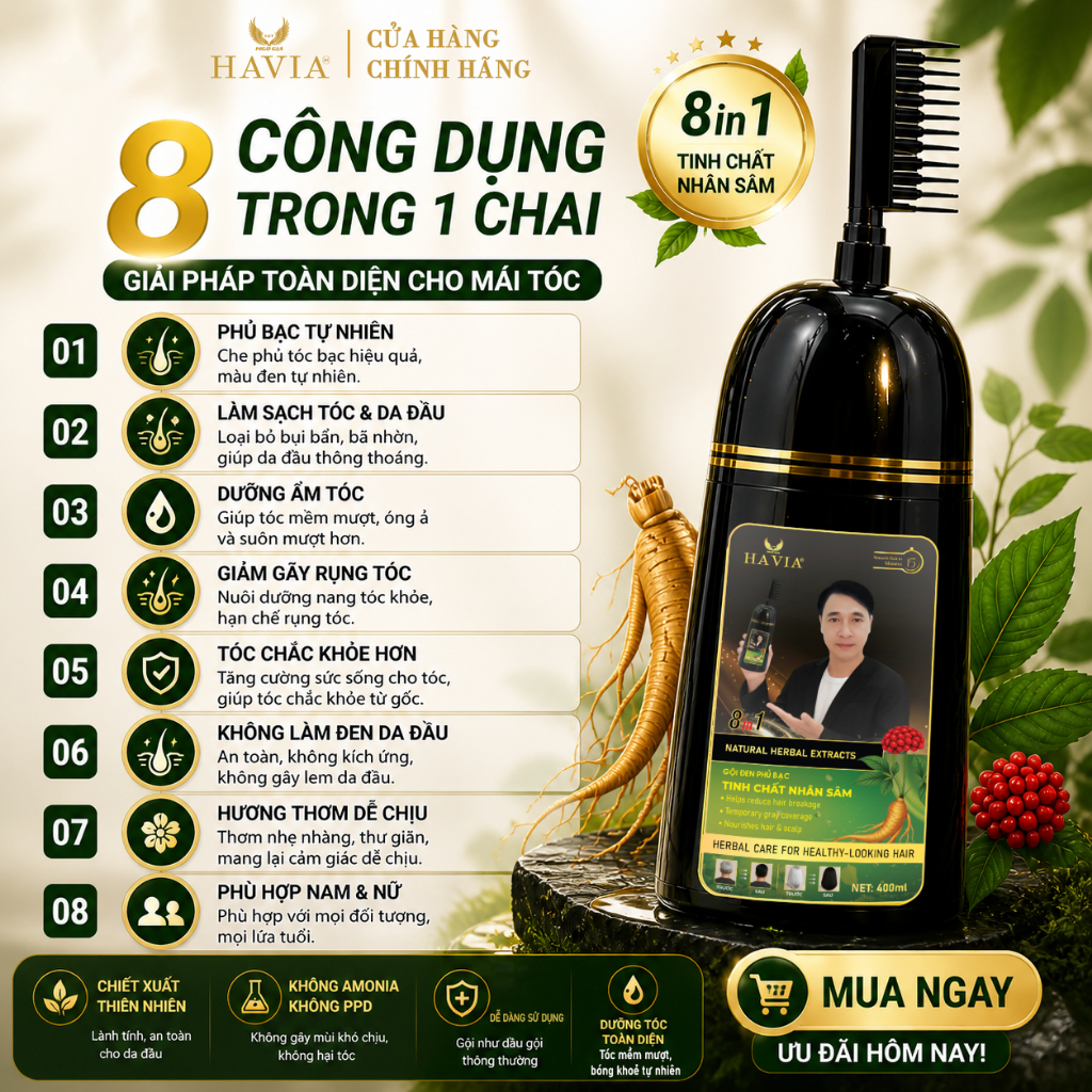 Dầu gội phủ bạc đen HAVIA, chiết xuất nhân sâm, hỗ trợ chăm sóc tóc, giúp tóc mềm mượt, chắc khỏe hơn.