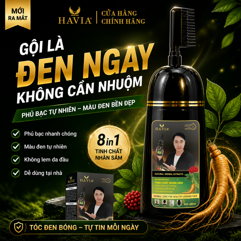 Dầu gội phủ bạc đen HAVIA, chiết xuất nhân sâm, hỗ trợ chăm sóc tóc, giúp tóc mềm mượt, chắc khỏe hơn.