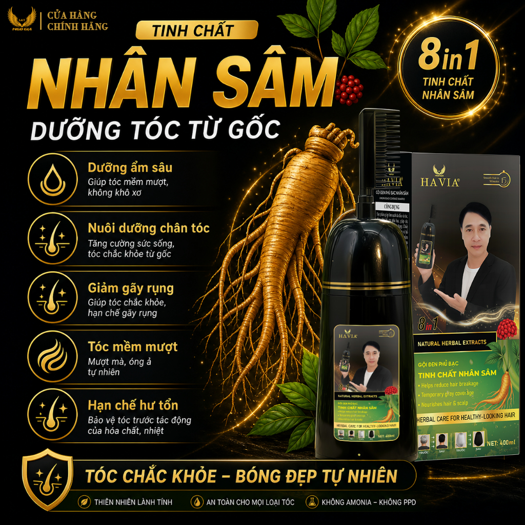 Dầu gội phủ bạc đen HAVIA, chiết xuất nhân sâm, hỗ trợ chăm sóc tóc, giúp tóc mềm mượt, chắc khỏe hơn.