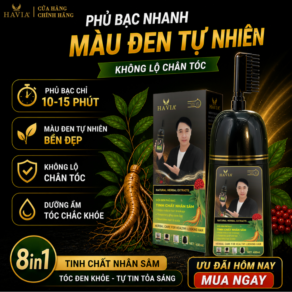 Dầu gội phủ bạc đen HAVIA, chiết xuất nhân sâm, hỗ trợ chăm sóc tóc, giúp tóc mềm mượt, chắc khỏe hơn.