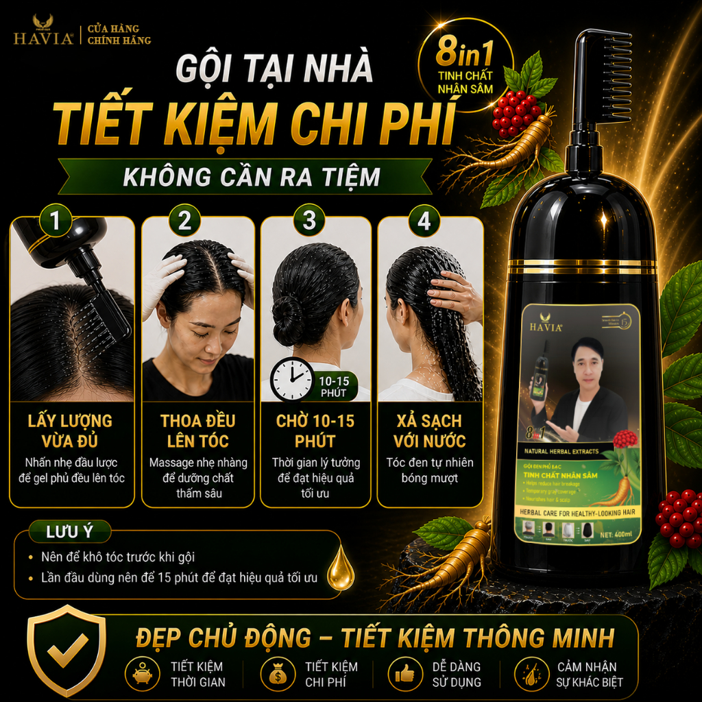 Dầu gội phủ bạc đen HAVIA, chiết xuất nhân sâm, hỗ trợ chăm sóc tóc, giúp tóc mềm mượt, chắc khỏe hơn.