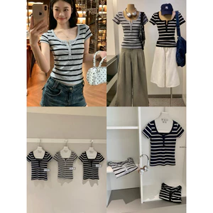 WGWE | Áo thun kẻ cotton tay ngắn cổ tròn Henley, sọc phối nút – W9519#