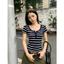 WGWE | Áo thun kẻ cotton tay ngắn cổ tròn Henley, sọc phối nút – W9519#